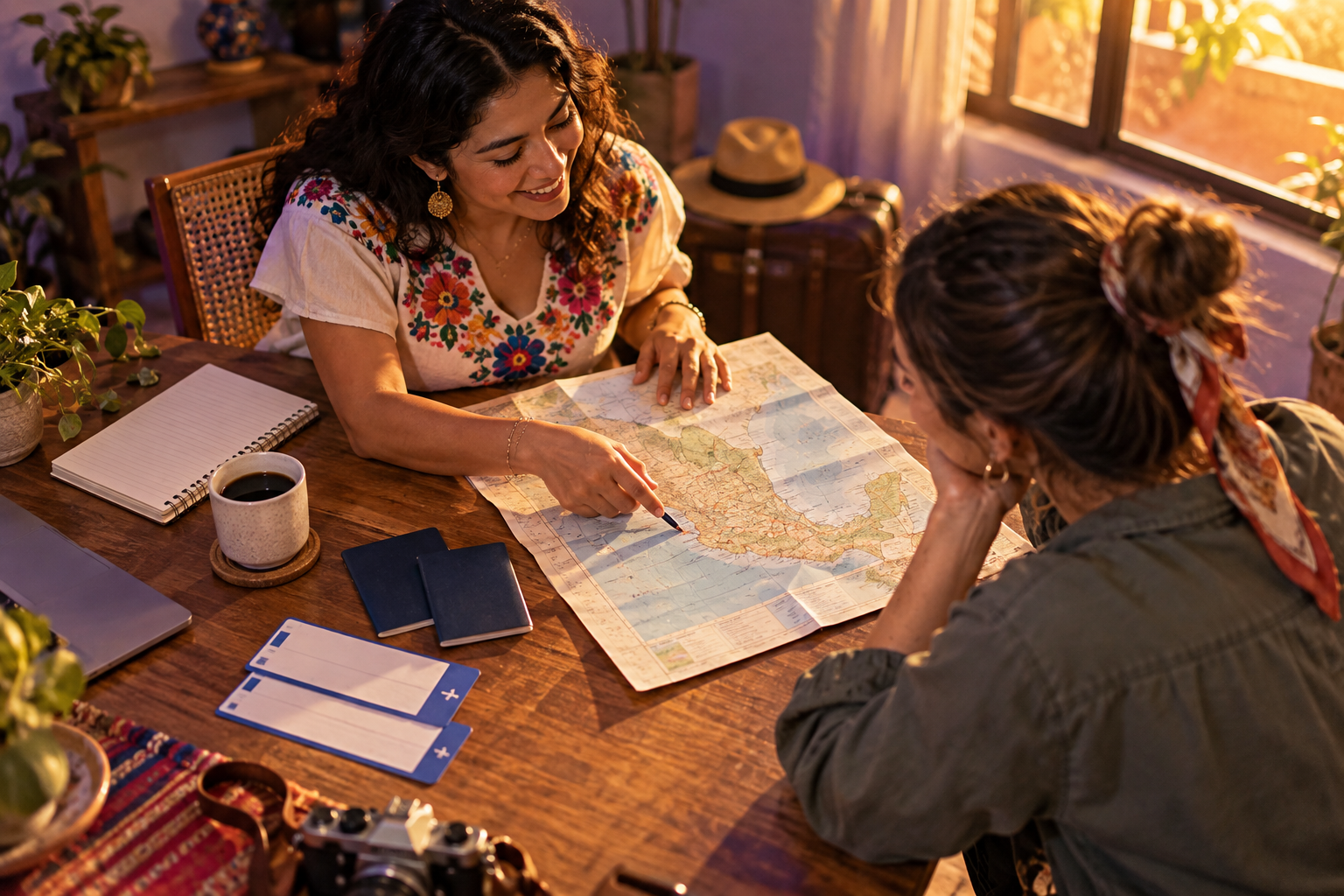Asesora de viajes y cliente revisando un mapa con pasaportes y café